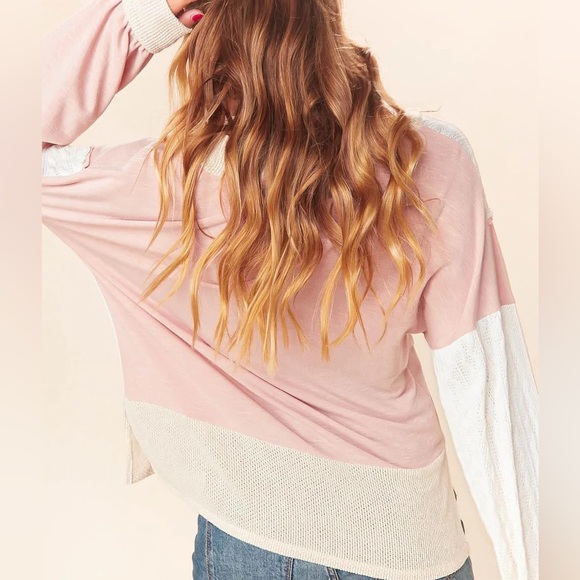Women’s Pink, Taupe, & Ivory Color Block Cable Knit Patchwork Top, S/M/L - Picture 4 of 8